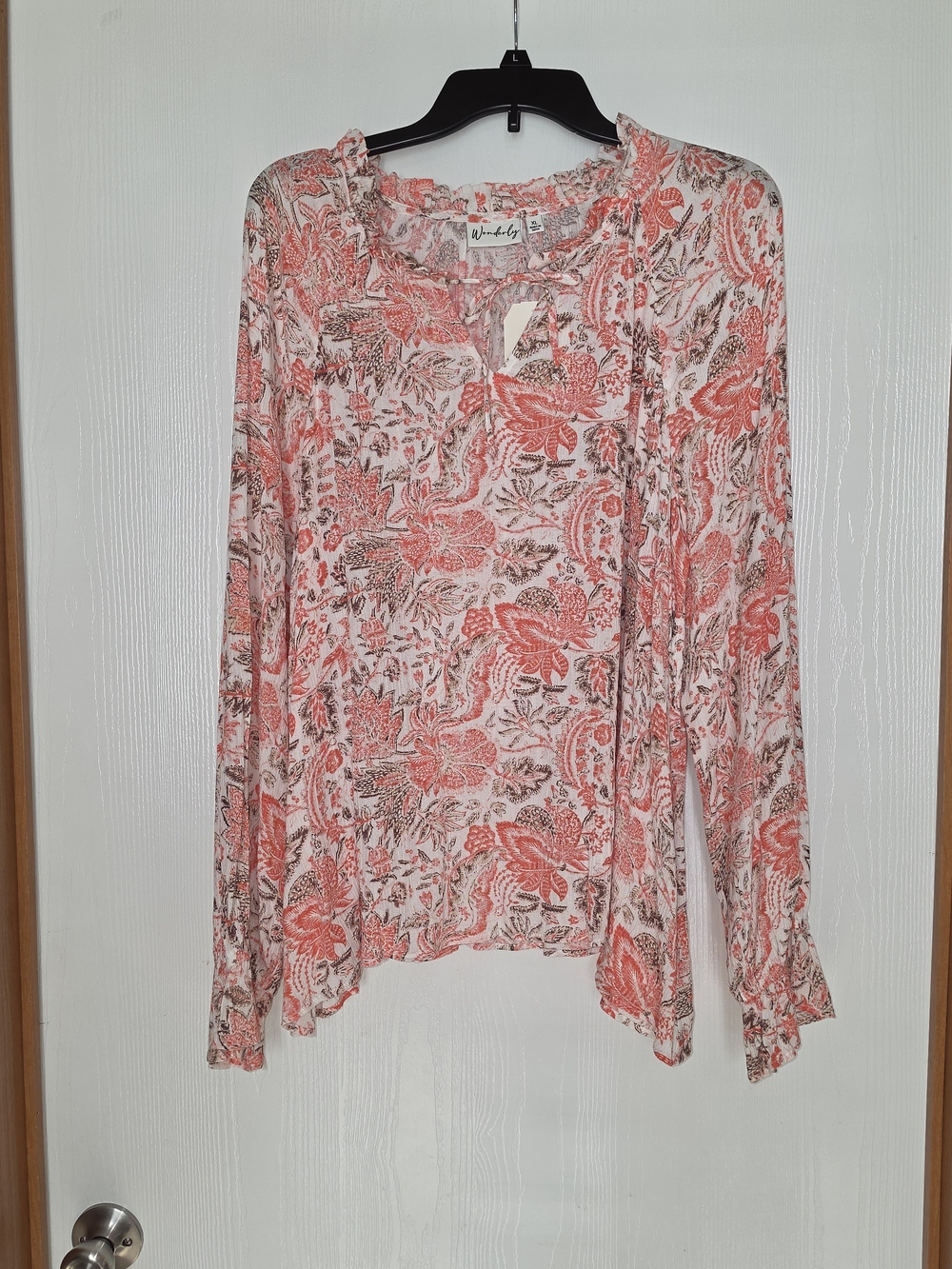 Wonderly Coral Floral Ruffle Neck Long-Sleeve Top Size XL